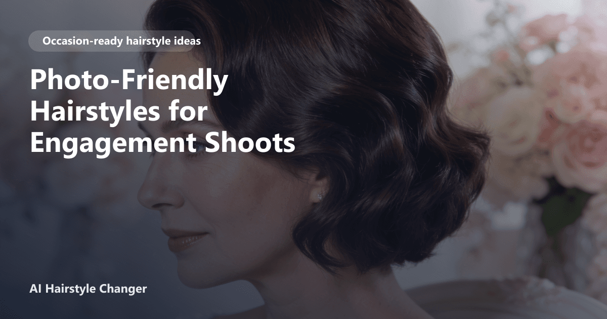 Occasion-ready hairstyle with polished texture and soft face framing, with "Photo-Friendly Hairstyles for Engagement Shoots" title overlay.
