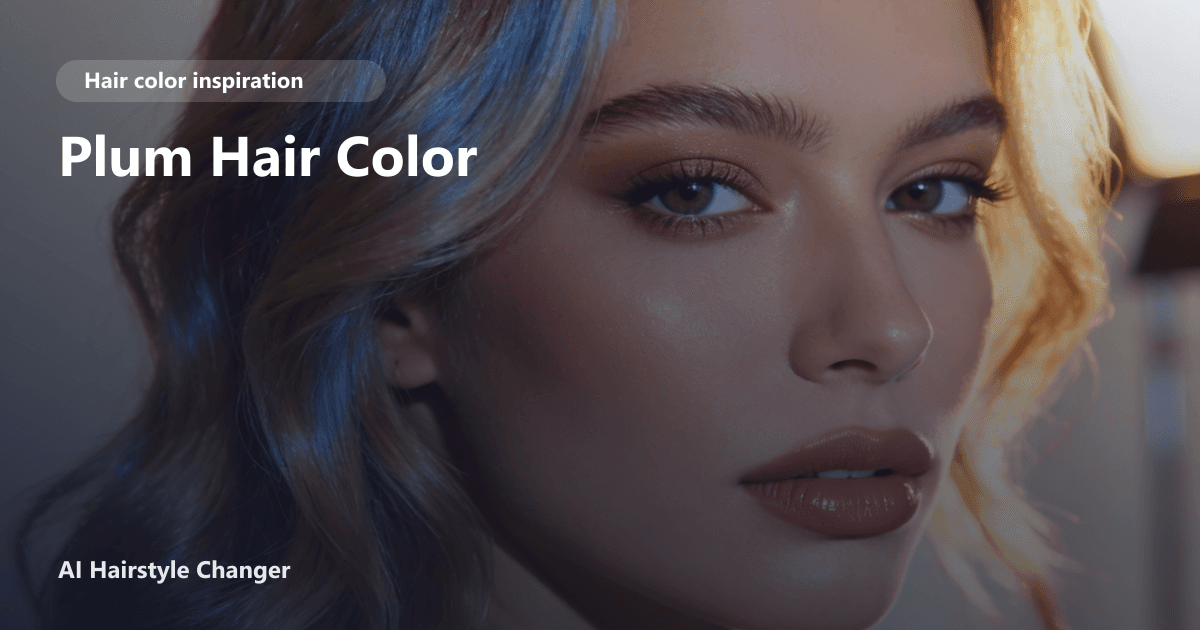 Close-up portrait with dimensional red-copper tones and "Plum Hair Color" title overlay.