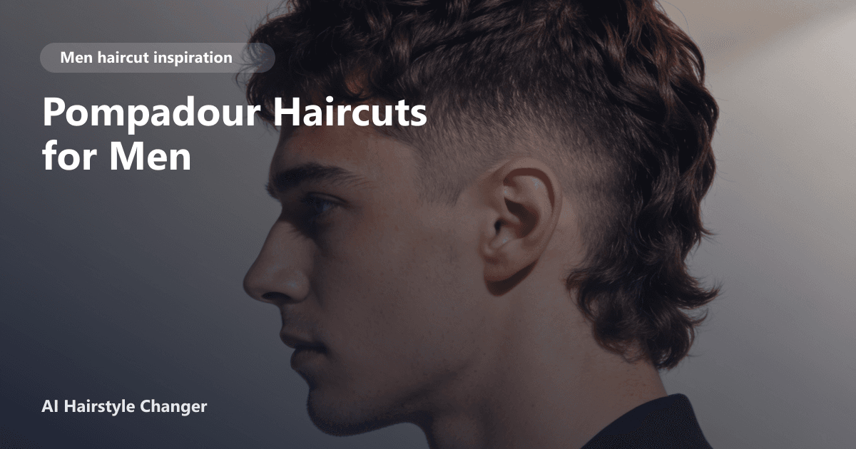 A man with a voluminous classic pompadour haircut, clean faded sides, and subtle texture, with the page title Pompadour Haircuts for Men overlaid.