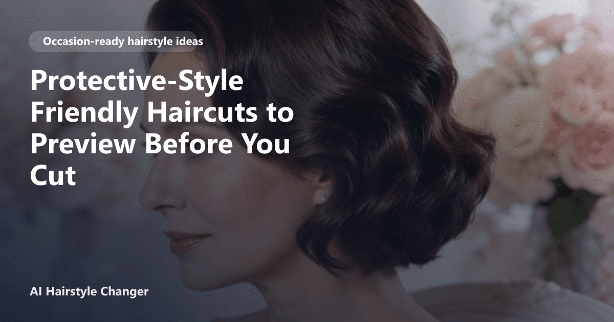 Occasion-ready hairstyle with polished texture and soft face framing, with "Protective-Style Friendly Haircuts to Preview Before You Cut".