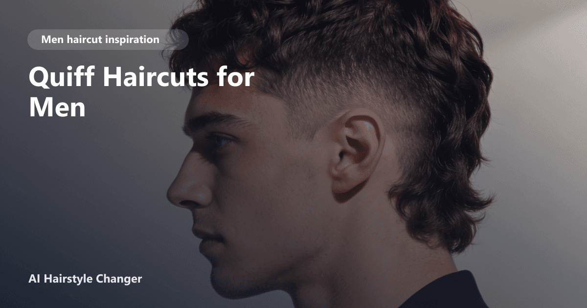 A man with a textured quiff haircut and faded sides, styled with volume and definition, with the page title 'Quiff Haircuts for Men' overlaid.
