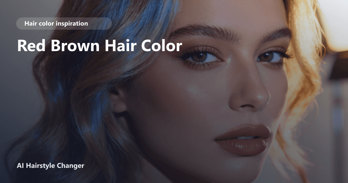 Close-up portrait with dimensional brown tones and "Red Brown Hair Color" title overlay.