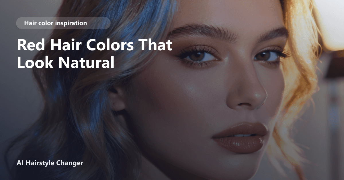 Close-up portrait with dimensional red-copper tones and "Red Hair Colors That Look Natural" title overlay.