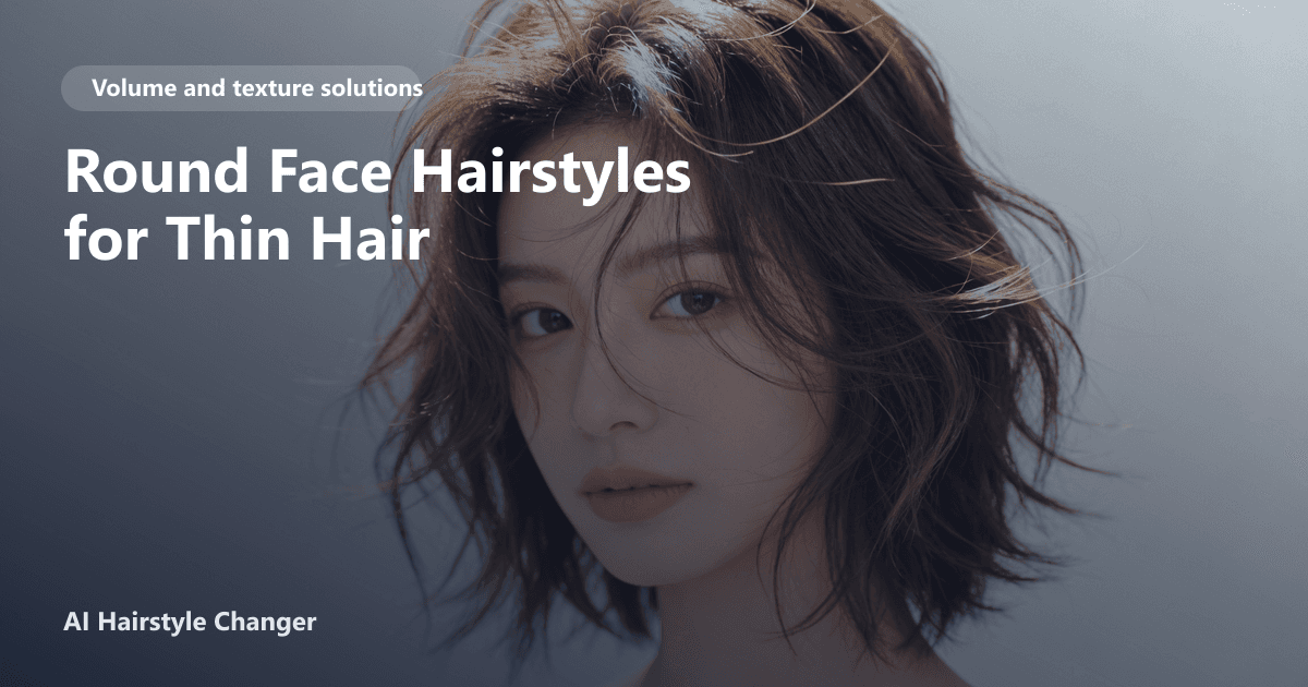 Woman with a round face and thin hair wearing a textured long bob with side-swept bangs, smiling in natural light.