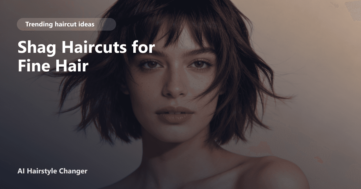 Woman with fine, shoulder-length hair styled in a textured shag haircut with soft layers and wispy bangs, standing in natural light.