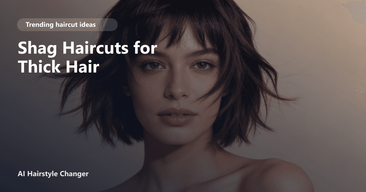 Woman with thick, layered shag haircut featuring curtain bangs and tousled volume, with subtle page title overlay text.