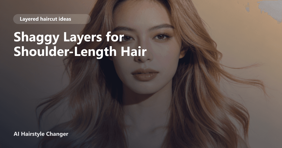 Layered haircut with visible movement, soft face framing, and salon polish, with "Shaggy Layers for Shoulder-Length Hair" title overlay.