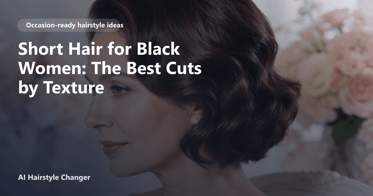 A confident older Black woman with a textured pixie cut and natural curls, smiling in a salon setting, with the page title overlayed.