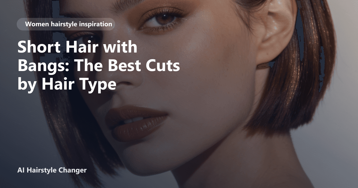 Modern women's haircut with polished shape, soft texture, and salon finish, with "Short Hair with Bangs The Best Cuts by Hair Type" title.