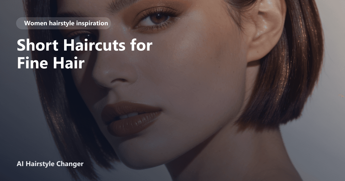 Woman with fine hair styled in a textured pixie cut, standing in natural light, with the page title 'Short Haircuts for Fine Hair' subtly overlaid.