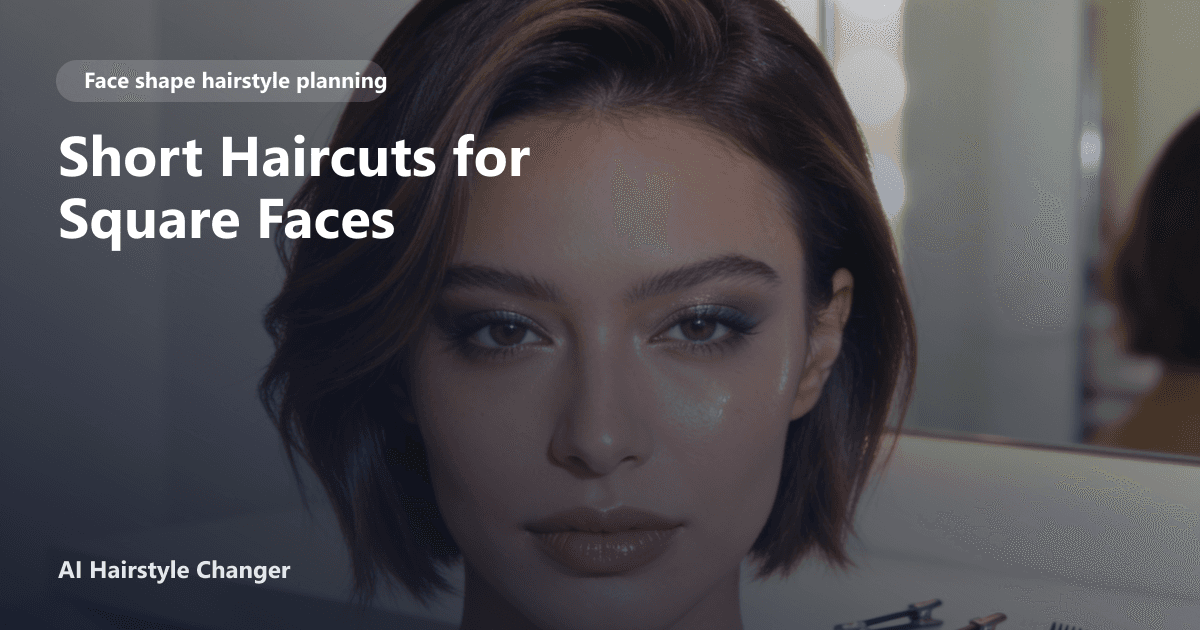 Portrait lineup showing haircut directions that flatter different face shapes, with "Short Haircuts for Square Faces" title overlay.