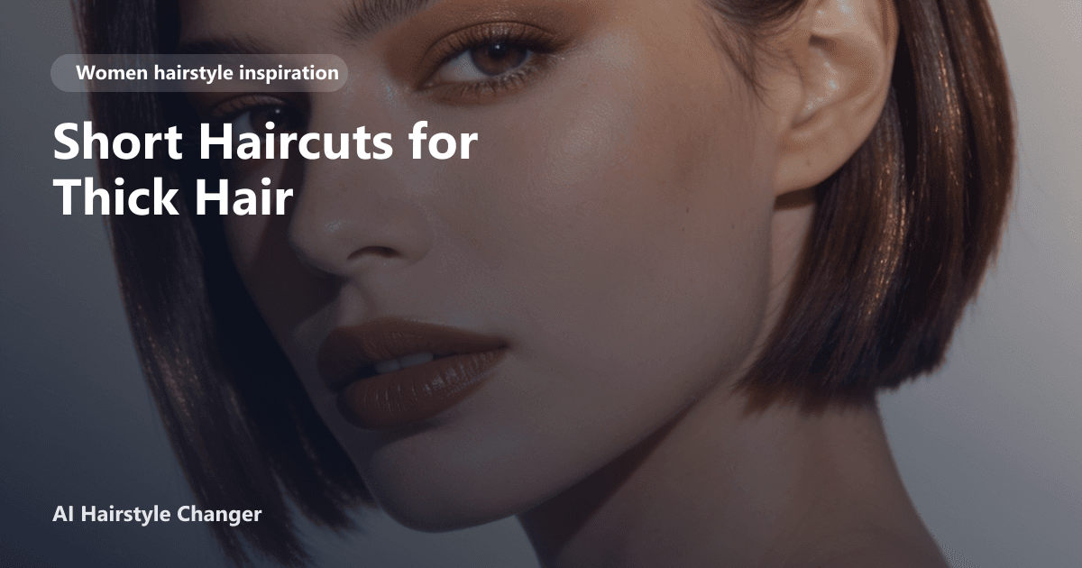 Woman with thick, textured short hair styled in a choppy pixie cut, smiling in natural light, with 'Short Haircuts for Thick Hair' text overlay.