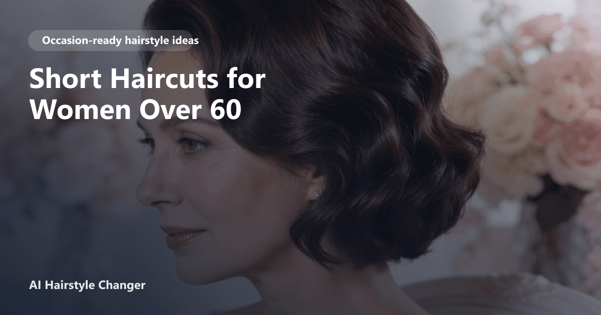 Occasion-ready hairstyle with polished texture and soft face framing, with "Short Haircuts for Women Over 60" title overlay.
