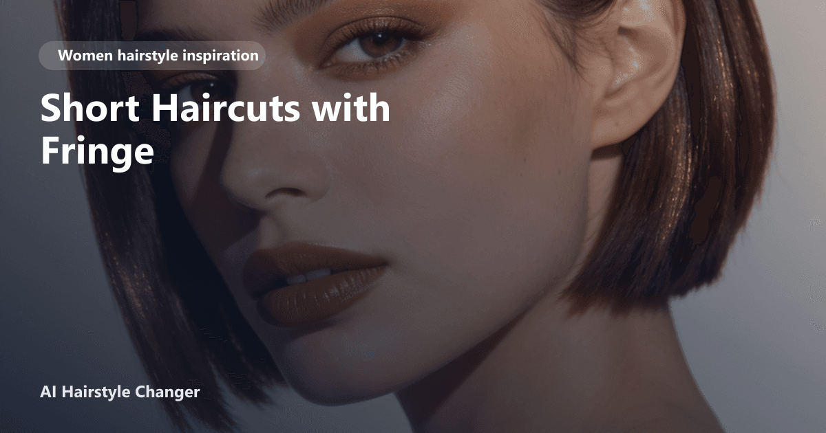 Woman with a textured short haircut and soft fringe, showing volume at the crown and wispy bangs, with page title text overlayed