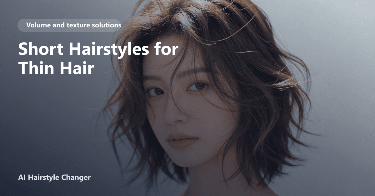 A woman with fine, chin-length textured bob and side-swept bangs, styled for volume, with the page title 'Short Hairstyles for Thin Hair' overlaid.