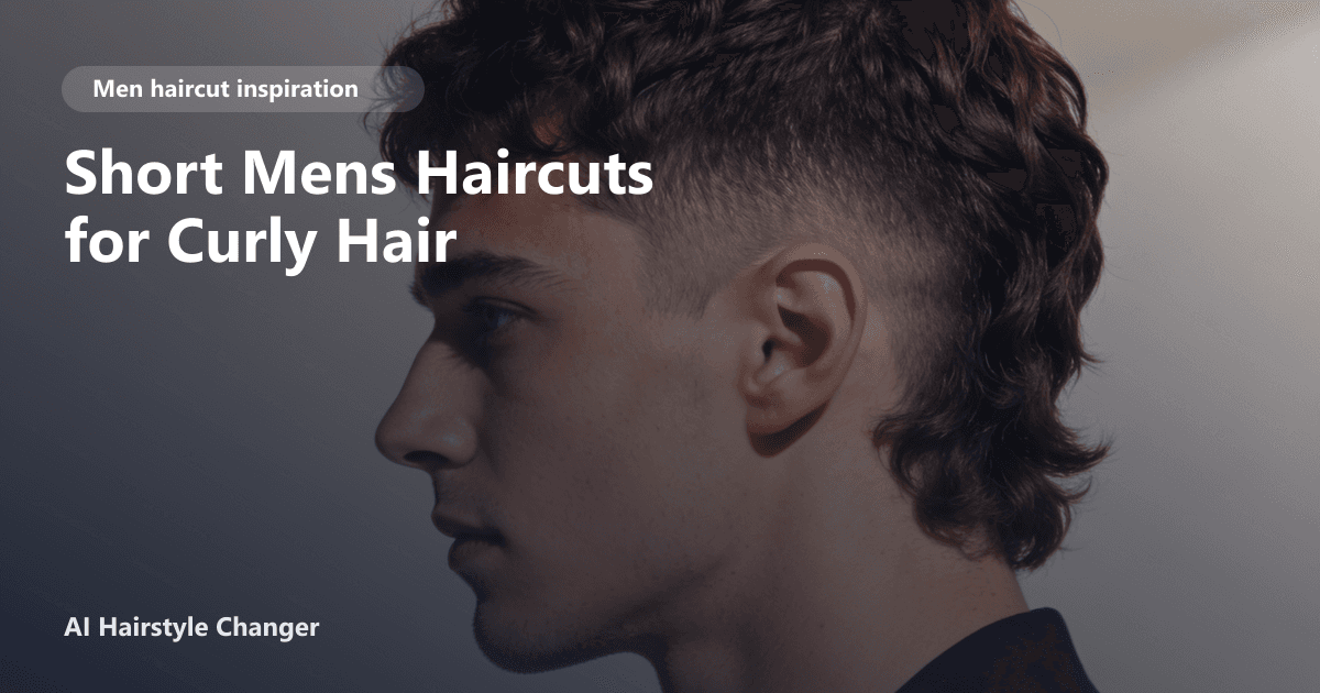 Modern men's haircut with defined shape, clean sides, and natural texture, with "Short Mens Haircuts for Curly Hair" title overlay.