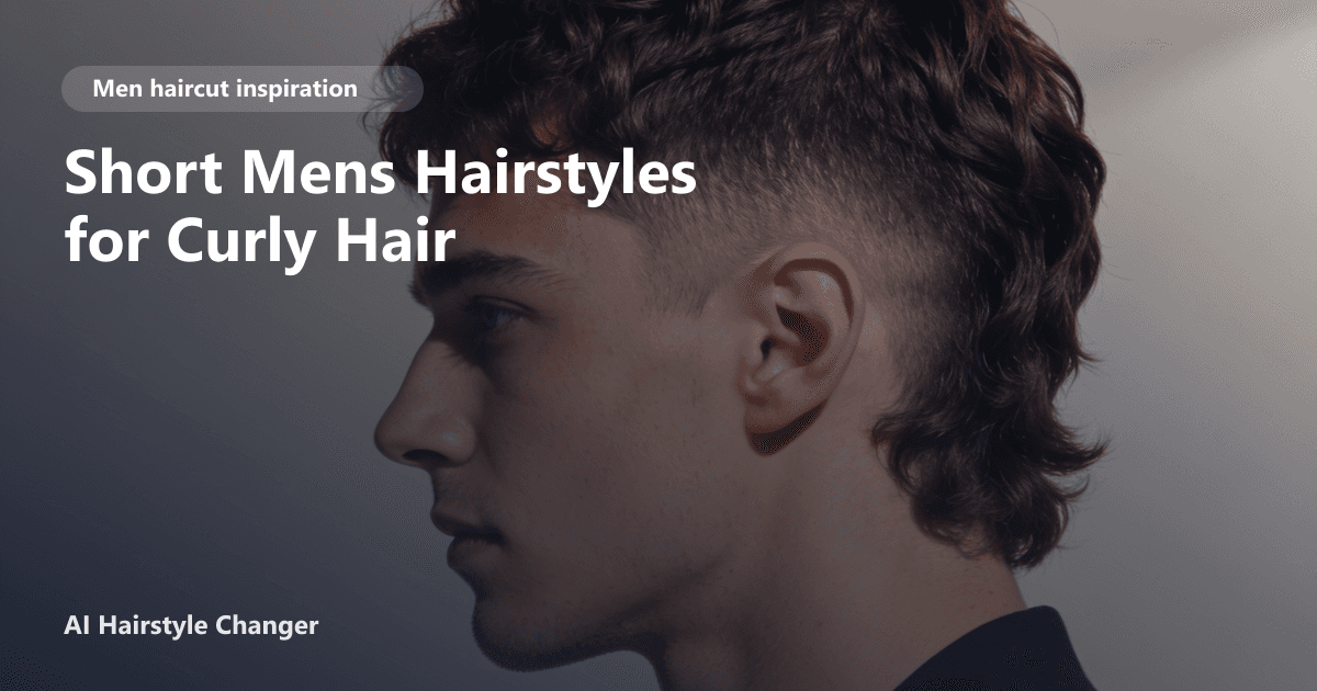 Modern men's haircut with defined shape, clean sides, and natural texture, with "Short Mens Hairstyles for Curly Hair" title overlay.