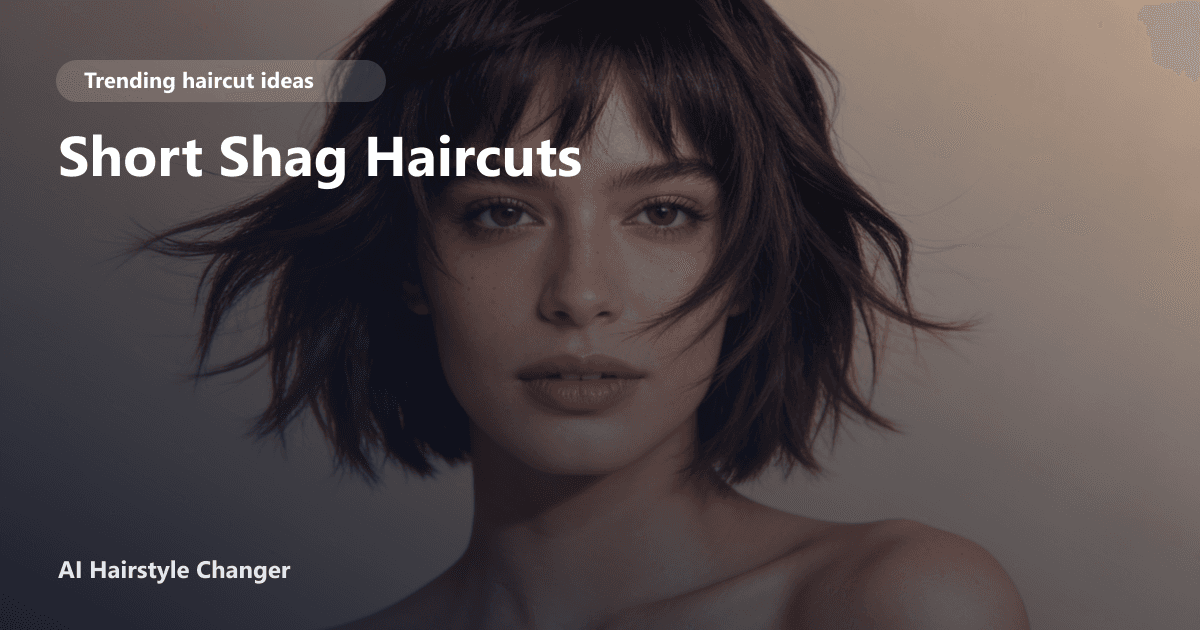 Woman with a short, tousled shag haircut featuring choppy layers, wispy bangs, and visible texture, with 'Short Shag Haircuts' text overlay.