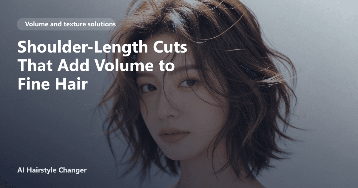 A woman with fine, shoulder-length hair styled in soft, volumizing layers and curtain bangs, smiling in natural light