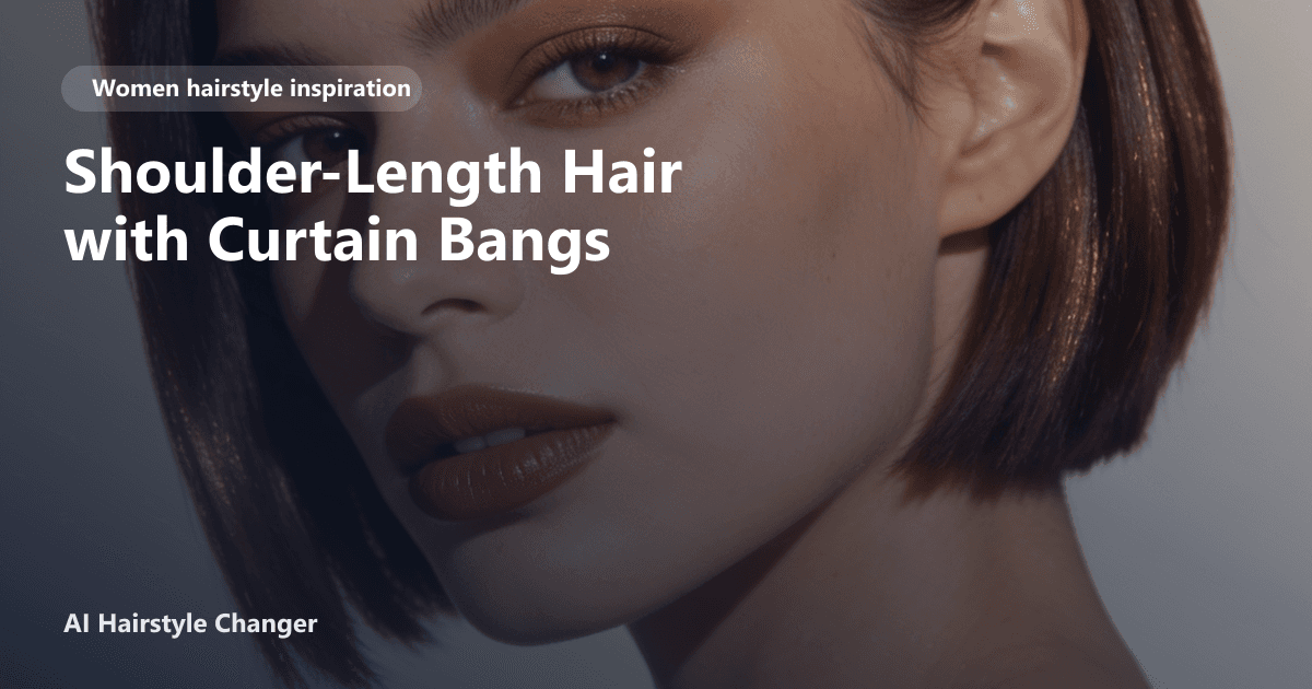 Woman with shoulder-length hair styled in curtain bangs, soft layers framing her face, natural light, page title text overlayed at the bottom.