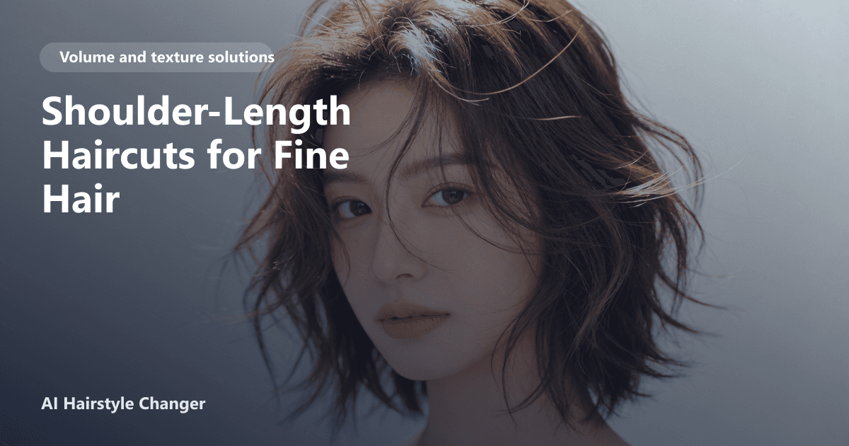 A woman with fine, shoulder-length hair styled in soft layers and curtain bangs, showing natural volume and movement.