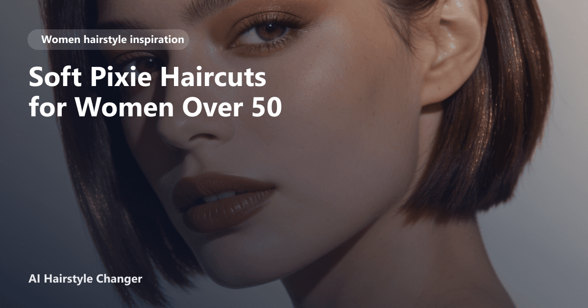 Woman with a soft, layered pixie haircut in silver-gray, styled with gentle volume and side-swept bangs, overlaid with page title text