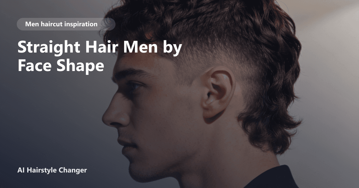 Modern men's haircut with defined shape, clean sides, and natural texture, with "Straight Hair Men by Face Shape" title overlay.