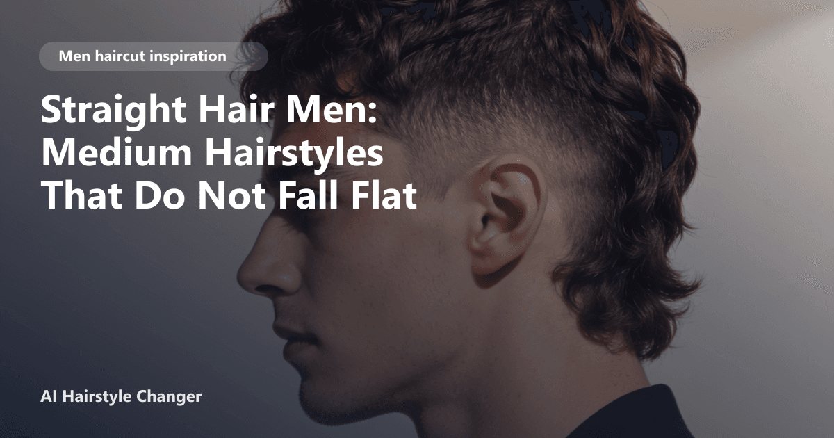 Man with medium-length straight hair styled in a textured, voluminous cut, showcasing movement and lift, with page title text overlay