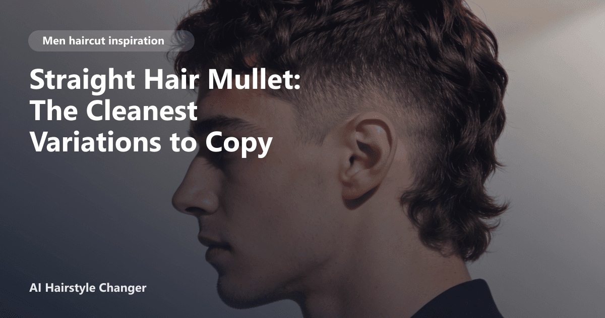 Man with a straight hair mullet featuring a clean fade and defined layers, set against a neutral background; page title text overlaid at the bottom.
