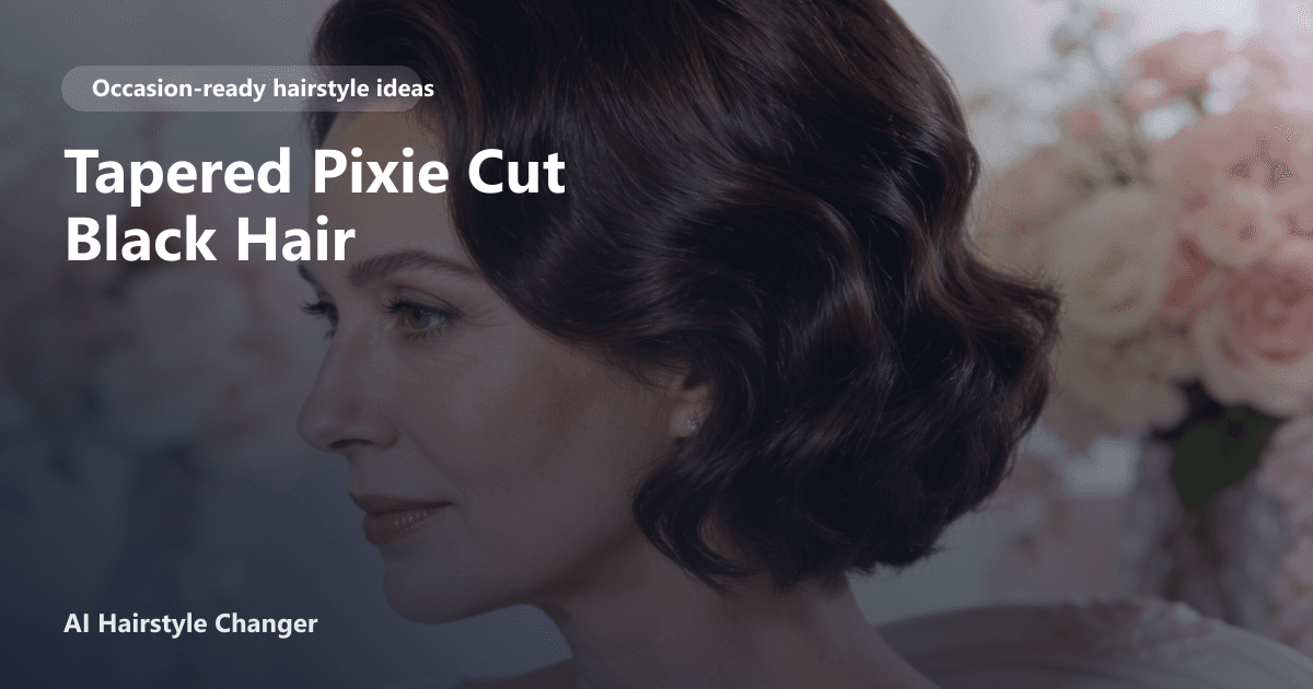 Older Black woman with a tapered pixie cut, soft volume at crown, and subtle side fringe, styled for a wedding with pearl hairpins.