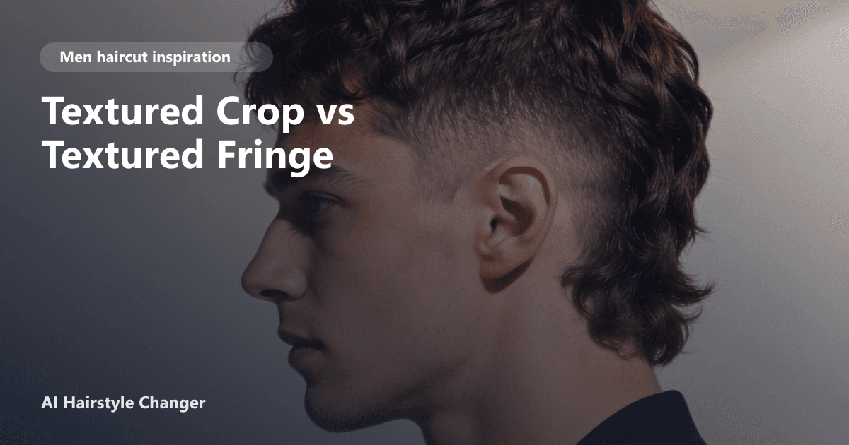 Modern men's haircut with defined shape, clean sides, and natural texture, with "Textured Crop vs Textured Fringe" title overlay.