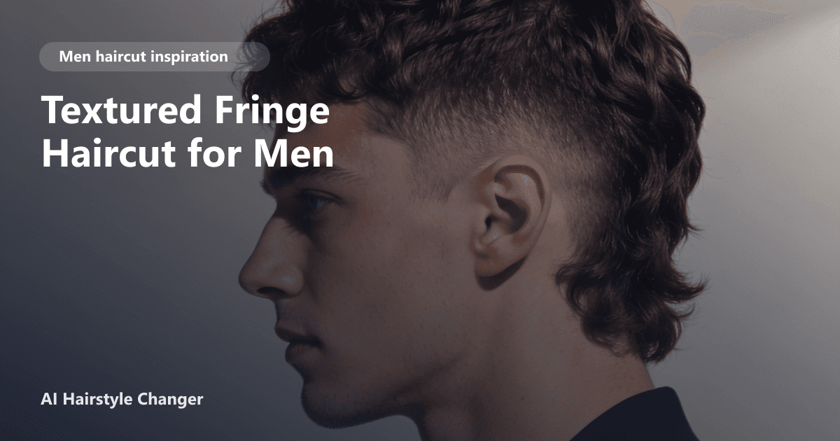 Modern men's haircut with defined shape, clean sides, and natural texture, with "Textured Fringe Haircut for Men" title overlay.