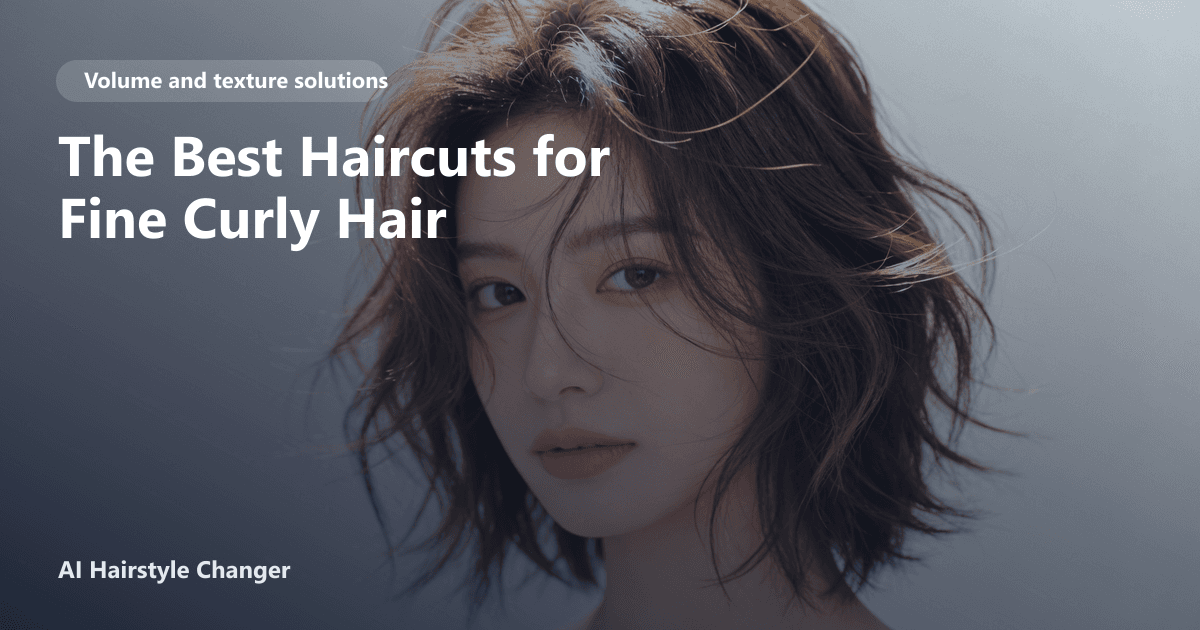 Volume-building haircut with lift at the crown and fuller ends, with "The Best Haircuts for Fine Curly Hair" title overlay.