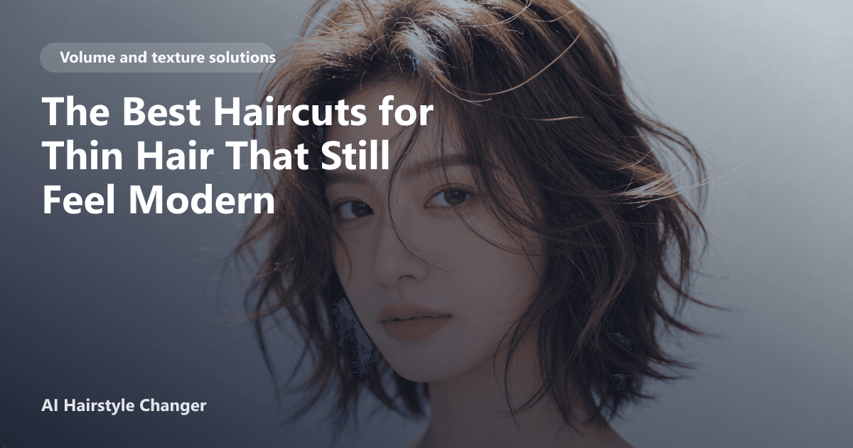 Volume-building haircut with lift at the crown and fuller ends, with "The Best Haircuts for Thin Hair That Still Feel Modern" title overlay.