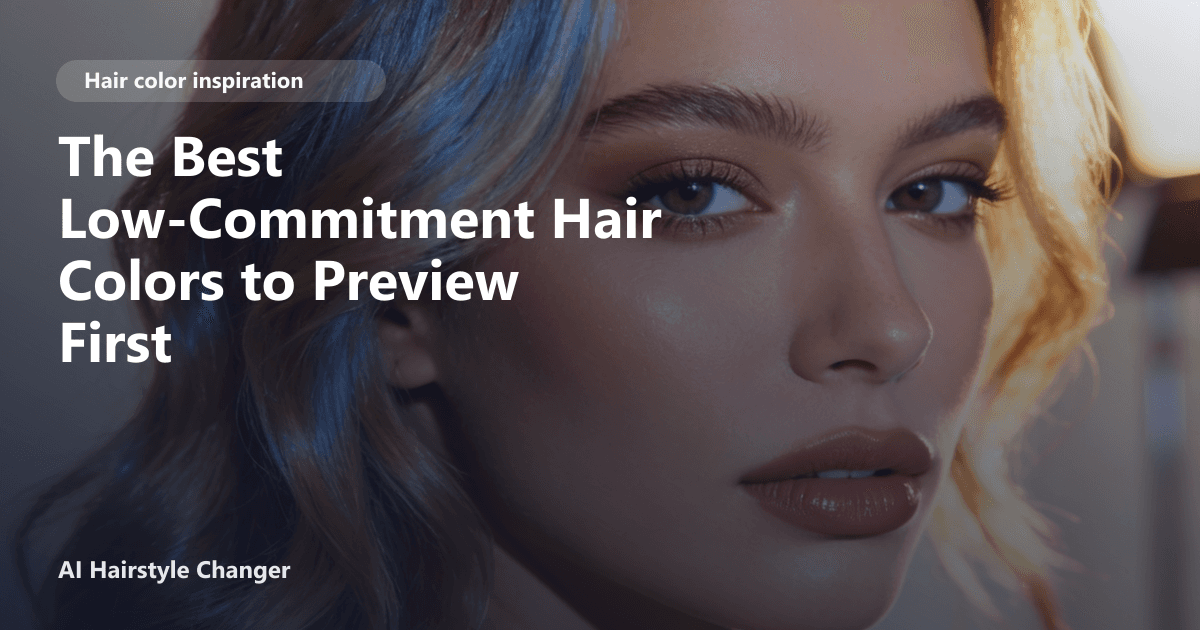Close-up portrait with dimensional multi-tonal hair color and "The Best Low-Commitment Hair Colors to Preview First" title overlay.