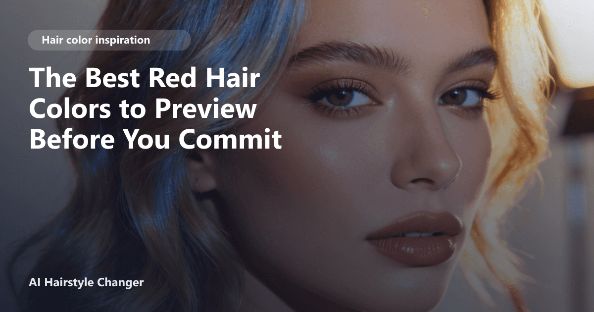 Close-up portrait with dimensional red-copper tones and "The Best Red Hair Colors to Preview Before You Commit" title overlay.