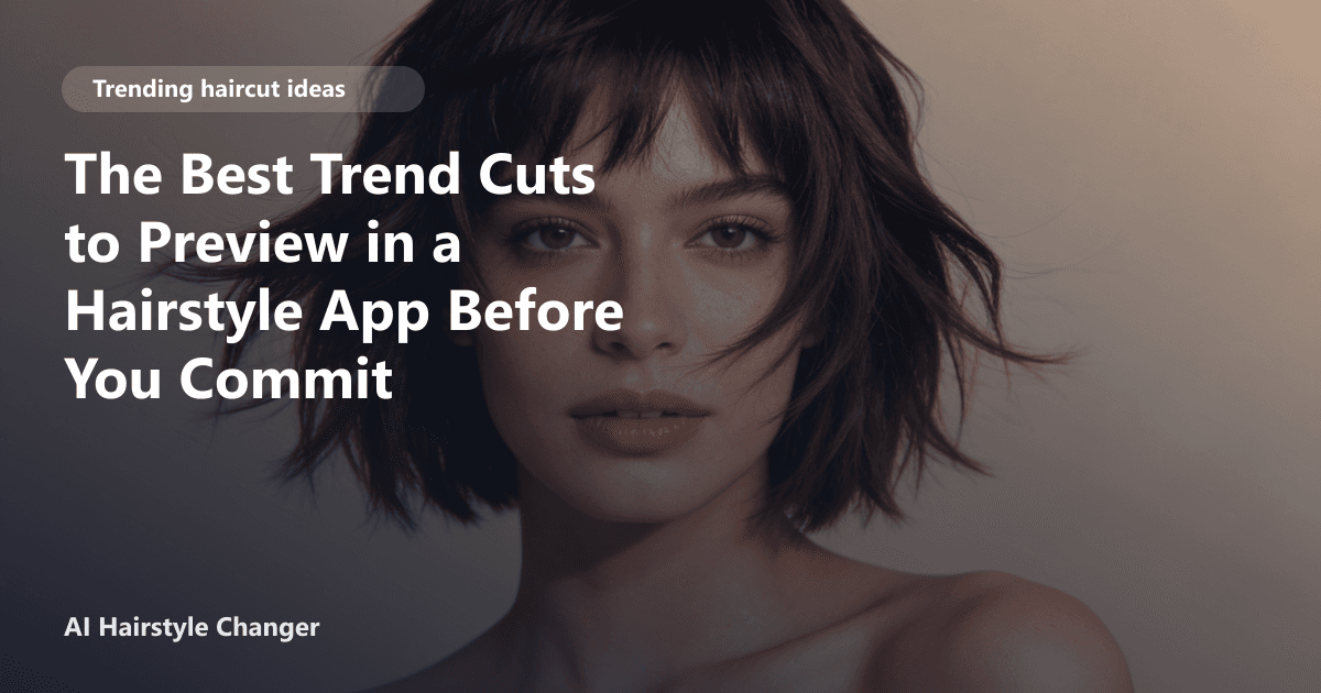 Trend-led haircut with visible layering, movement, and face-framing shape, with "The Best Trend Cuts to Preview in a Hairstyle App Before.