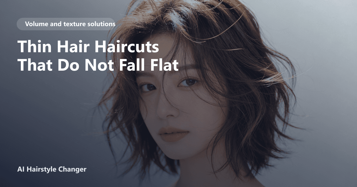 Woman with thin, shoulder-length hair styled in soft layers and curtain bangs, showing visible volume and movement, with the page title text overlaid.