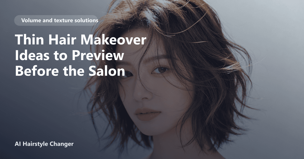 Woman with thin hair previewing layered bob, textured lob, and curtain bangs using an AI hairstyle changer before a salon visit