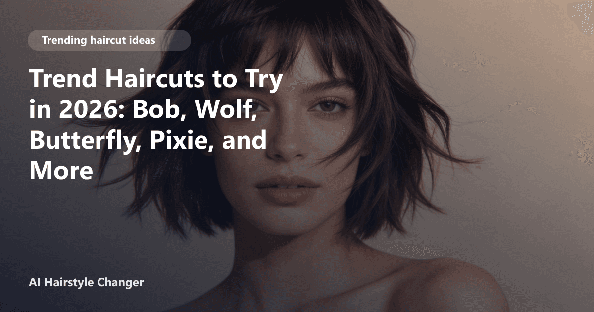 Trend-led haircut with visible layering, movement, and face-framing shape, with "Trend Haircuts to Try in 2026 Bob, Wolf, Butterfly,.