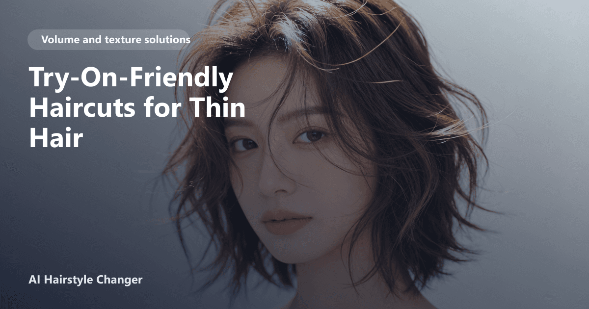 Woman with fine, shoulder-length layered haircut, subtle side bangs, and natural volume, with 'Try-On-Friendly Haircuts for Thin Hair' title overlay