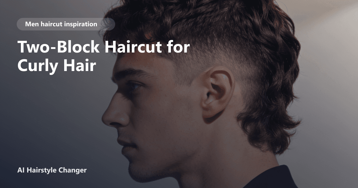 A man with naturally curly hair wearing a modern two-block haircut, showing distinct length contrast between the sides and top.