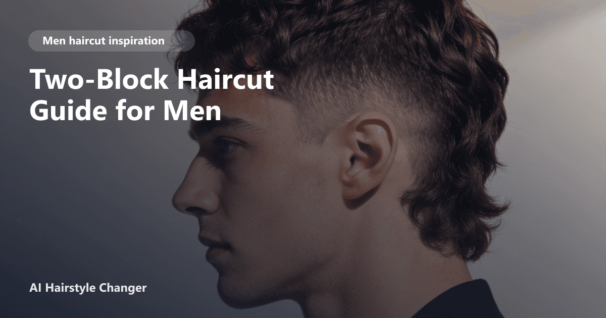 Young man with a two-block haircut featuring a subtle fade and textured top, styled in a modern, salon-ready look with the article title overlay.