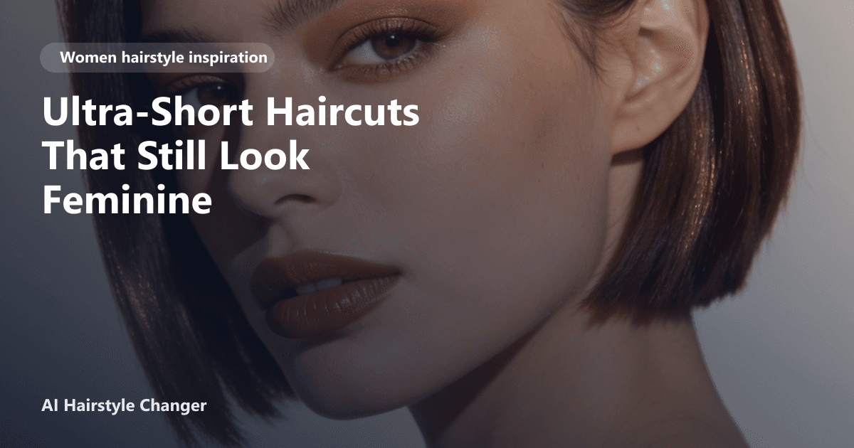 A woman with a textured ultra-short pixie cut, soft side-swept fringe, and subtle volume at the crown, with the page title overlaid in modern font.