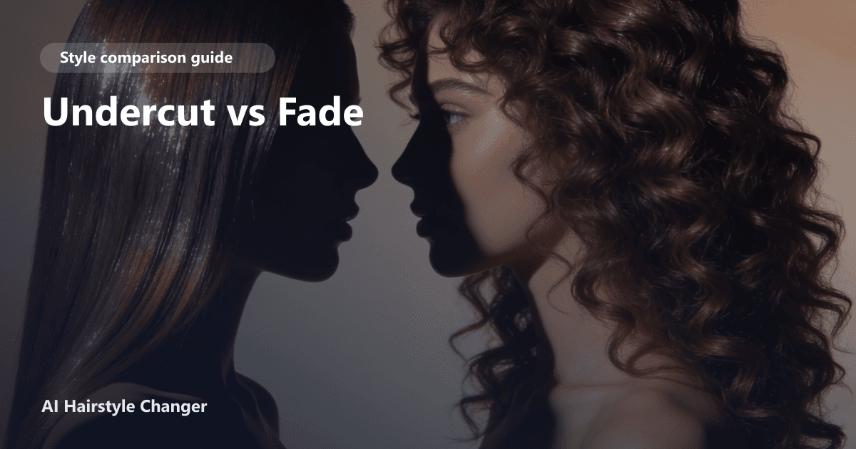 Side-by-side comparison of a classic undercut and a low fade on two men, both styled with textured tops, with 'Undercut vs Fade' title text overlay.