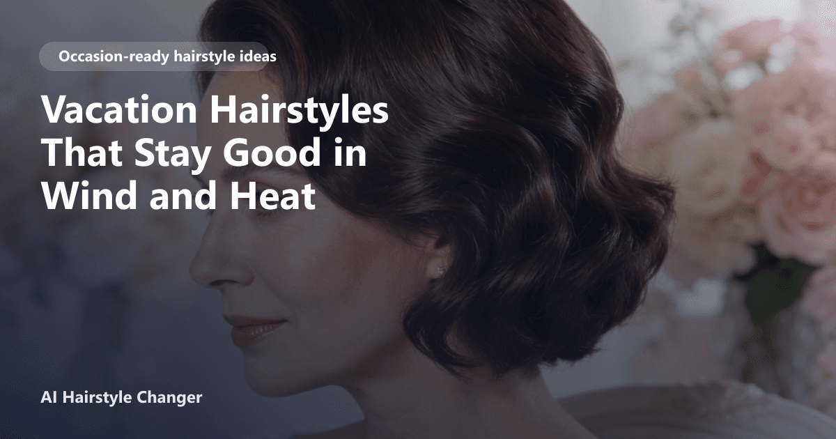 Occasion-ready hairstyle with polished texture and soft face framing, with "Vacation Hairstyles That Stay Good in Wind and Heat" title.