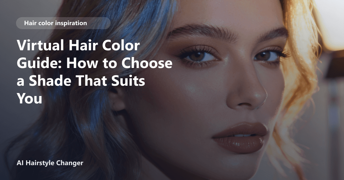 Woman with shoulder-length layered hair in four different hair colors, smiling and touching her hair, with the page title text overlayed.