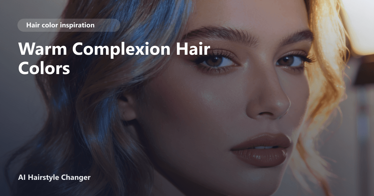 Close-up portrait with dimensional multi-tonal hair color and "Warm Complexion Hair Colors" title overlay.