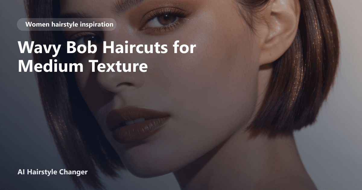 Modern women's haircut with polished shape, soft texture, and salon finish, with "Wavy Bob Haircuts for Medium Texture" title overlay.