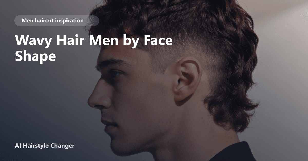 Modern men's haircut with defined shape, clean sides, and natural texture, with "Wavy Hair Men by Face Shape" title overlay.